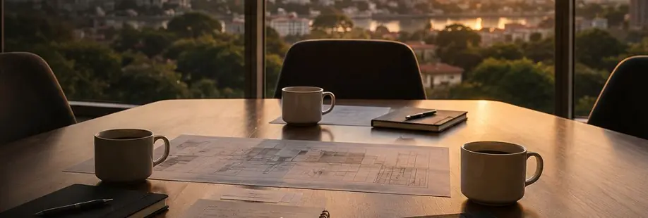 Una mesa de reunión junto a un ventanal, con tres cafés servidos, planos y cuadernos abiertos y las sillas todavía vacías, al atardecer.